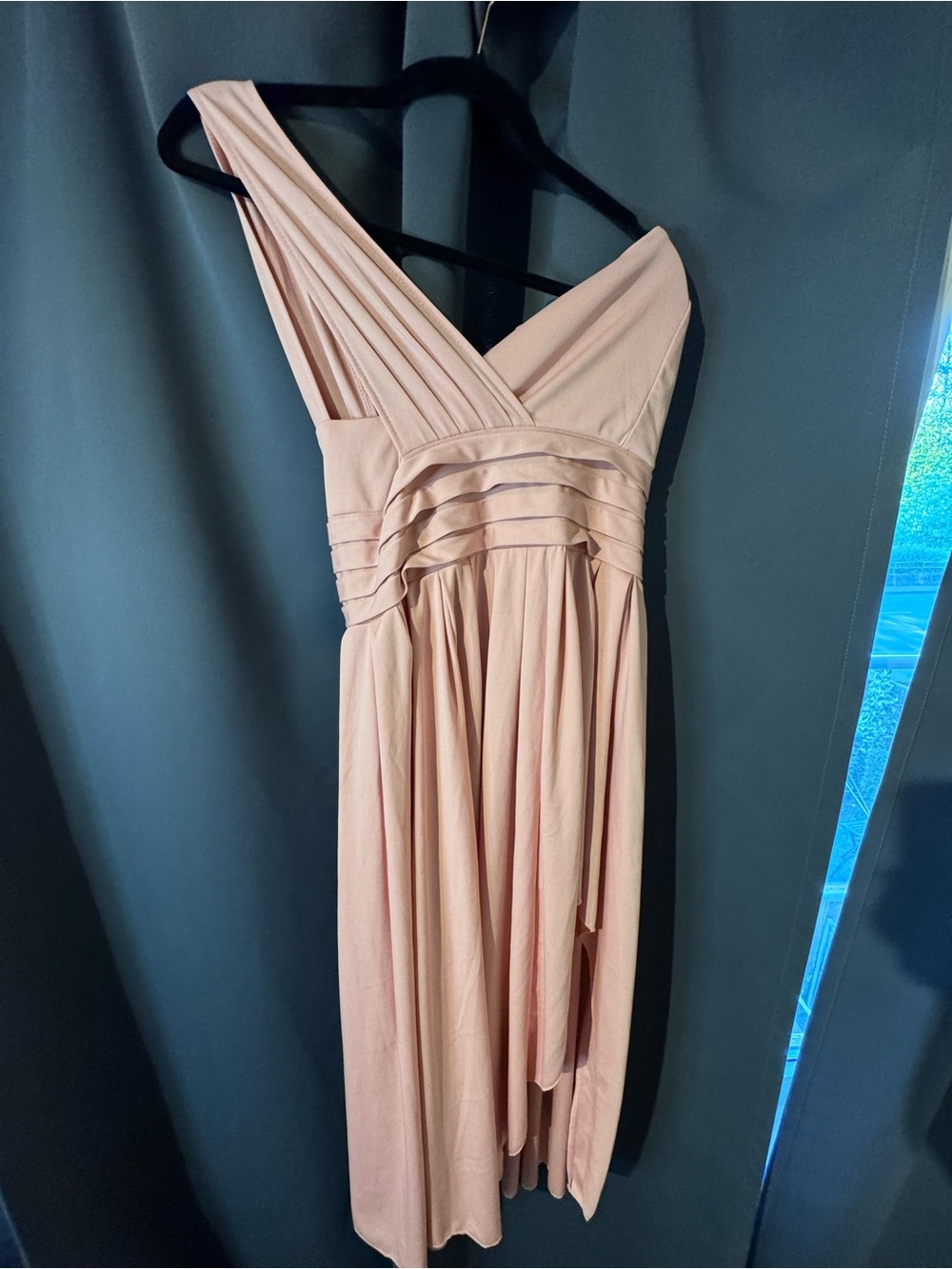 One-Shoulder Pleated Blush Midi Dress